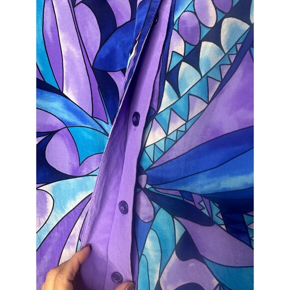 Diane Gilman Stained Glass Printed Silk Blouse With Blue Gem Details Long Sleeve - Picture 6 of 12